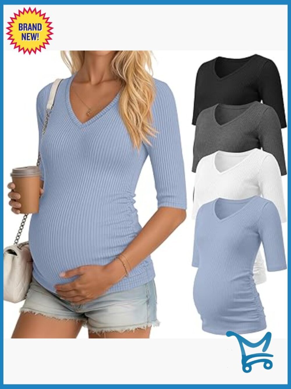 4-Pack Maternity Tops - Cotton V-Neck Ribbed Knit Half Sleeve Shirts for Women